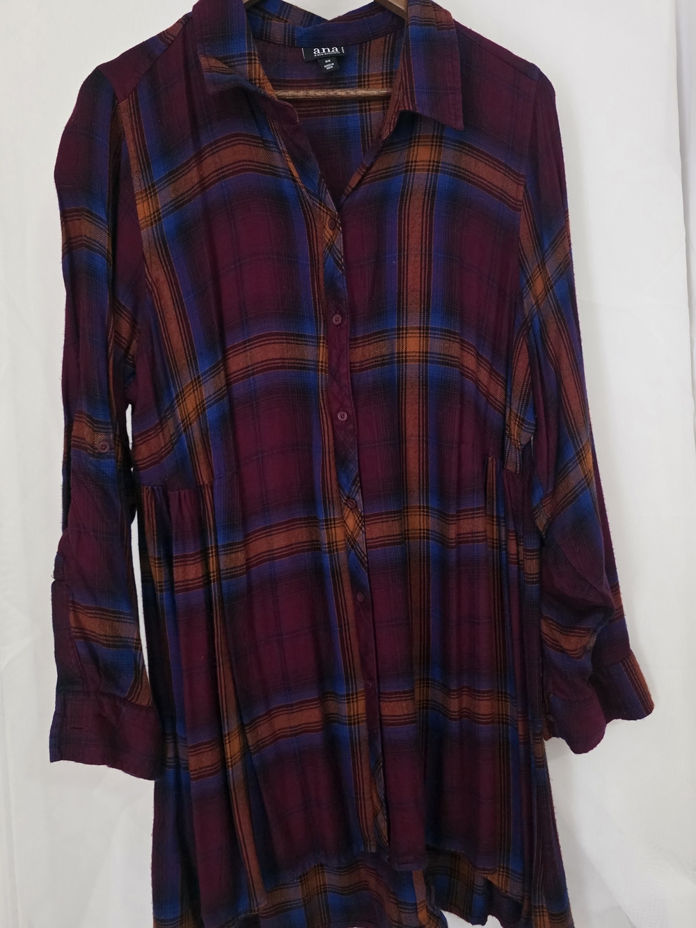 a.n.a Burgundy Plaid Button-Down Tunic with Blue & Orange Stripes